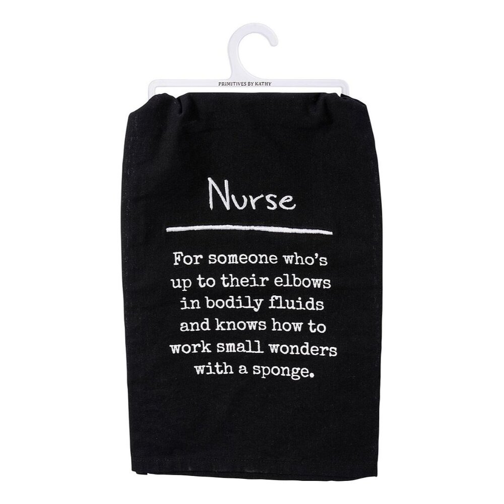 Nurse Dish Towel Primitives by Kathy Black White Kitchen Body FLuids Humor